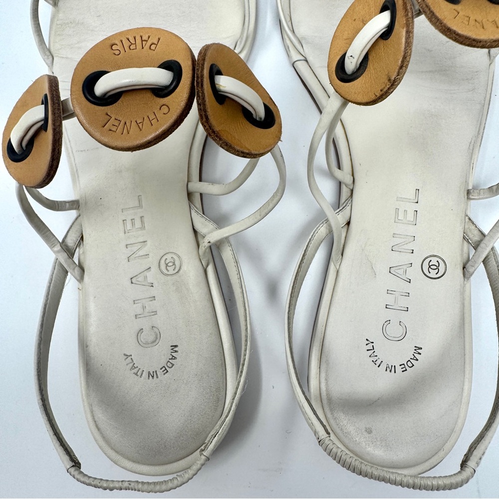 Chanel Flat Thong Sandals Cream with Brown Leather Medallions - Picture 8 of 12